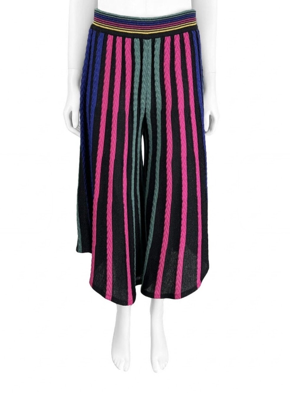RARE Farm Rio Knit Wide-Leg Knit Pants with Pink & Teal Stripes Medium